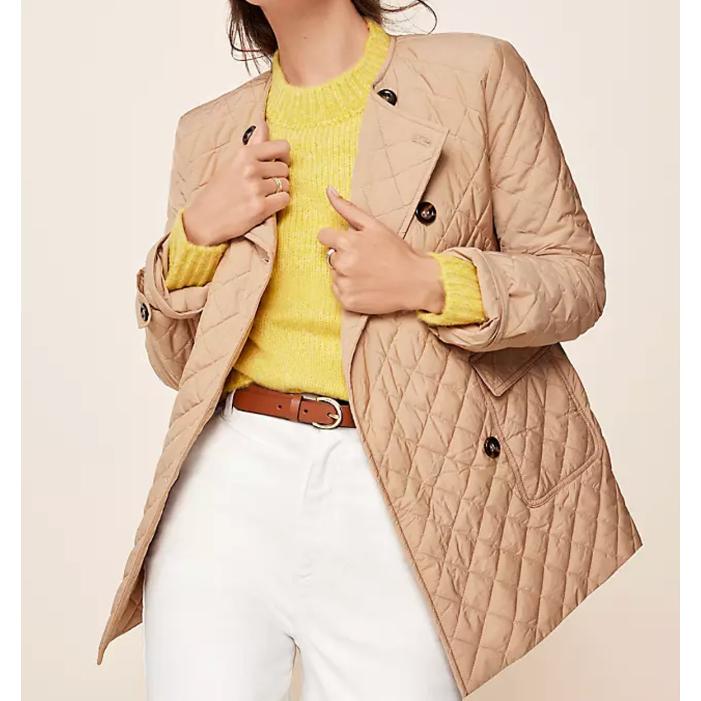 NEW ANN TAYLOR CAFE AU LAIT QUILTED BELTED DOUBLE BREASTED JACKET COAT SZ M - Picture 4 of 7